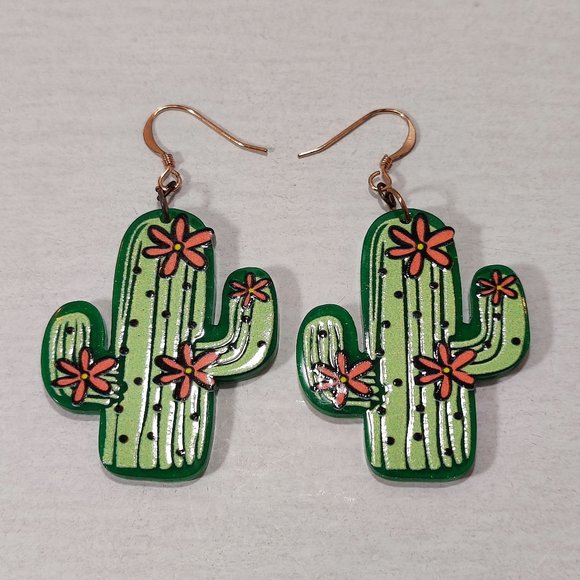 Cactus Earrings, Pink and Green, Cute Rustic - Picture 1 of 3